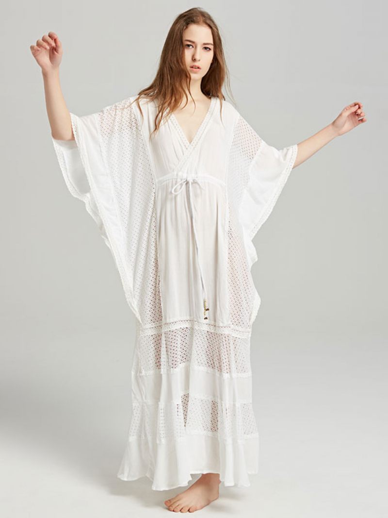 Robe Boho Col V Profond Blanc Manches 3/4 Longueur Bohème Gitane Plage Vacances Printemps Été Maxi Pour Les Femmes - Blanc