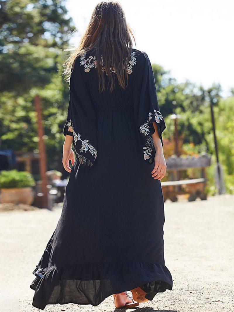 Robe Boho Col V Profond Manches 3/4 Longueur Noire Brodée Bohème Gitane Plage Vacances Coton Printemps Été Longue Pour Les Femmes - Noir