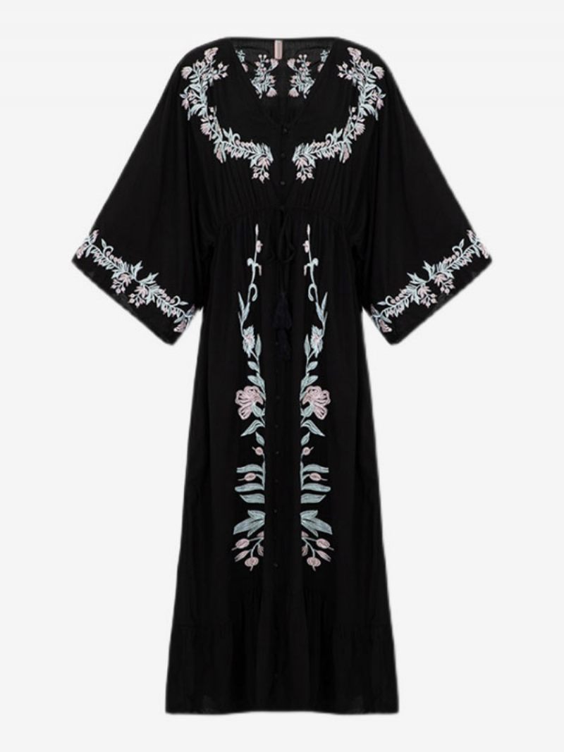 Robe Boho Col V Profond Manches 3/4 Longueur Noire Brodée Bohème Gitane Plage Vacances Coton Printemps Été Longue Pour Les Femmes - Noir