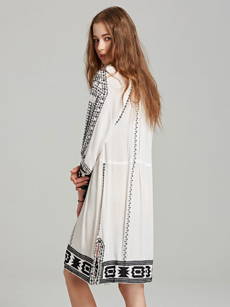 Robe Boho Col V Profond Marron Clair Gland Manches Longues Brodé Bohème Gitane Plage Vacances Printemps Été Courte Pour Les Femmes - Blanc