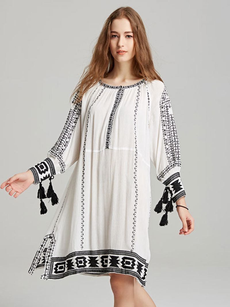 Robe Boho Col V Profond Marron Clair Gland Manches Longues Brodé Bohème Gitane Plage Vacances Printemps Été Courte Pour Les Femmes - Blanc