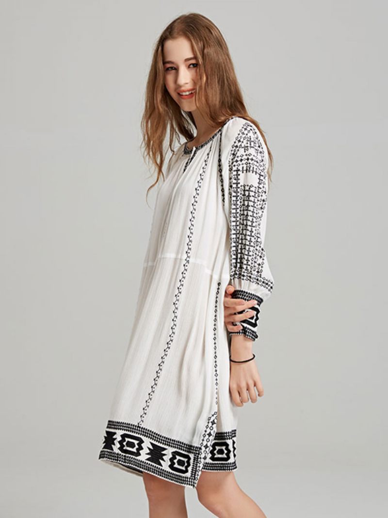 Robe Boho Col V Profond Marron Clair Gland Manches Longues Brodé Bohème Gitane Plage Vacances Printemps Été Courte Pour Les Femmes - Blanc