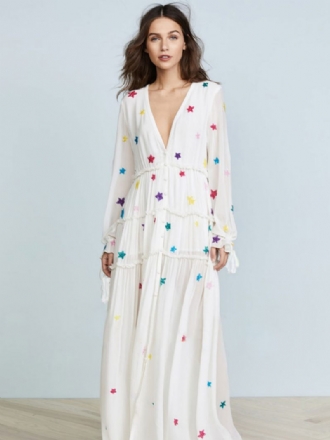 Robe Boho Coton Blanc Col V Profond À Manches Longues Motif Étoile Bohème Gitane Plage Vacances Printemps Automne Longue Superposée Pour Les Femmes