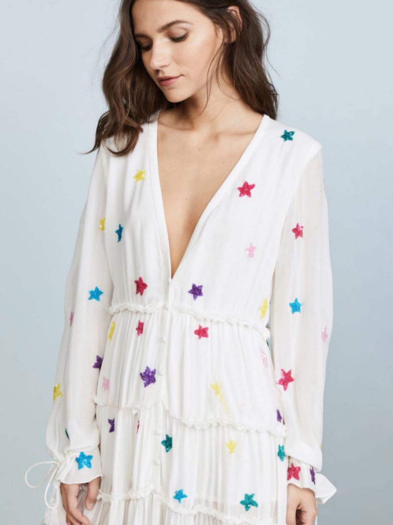 Robe Boho Coton Blanc Col V Profond À Manches Longues Motif Étoile Bohème Gitane Plage Vacances Printemps Automne Longue Superposée Pour Les Femmes - Blanc