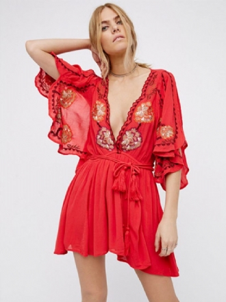 Robe Boho Coton Brodé Fleurs Pour Femmes Col V Profond Fente Mi-manche Style Bohème Gitane Mini Plage Vacances D'été