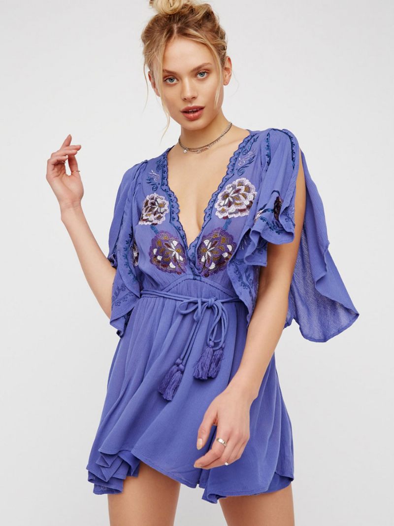 Robe Boho Coton Brodé Fleurs Pour Femmes Col V Profond Fente Mi-manche Style Bohème Gitane Mini Plage Vacances D'été - Bleu