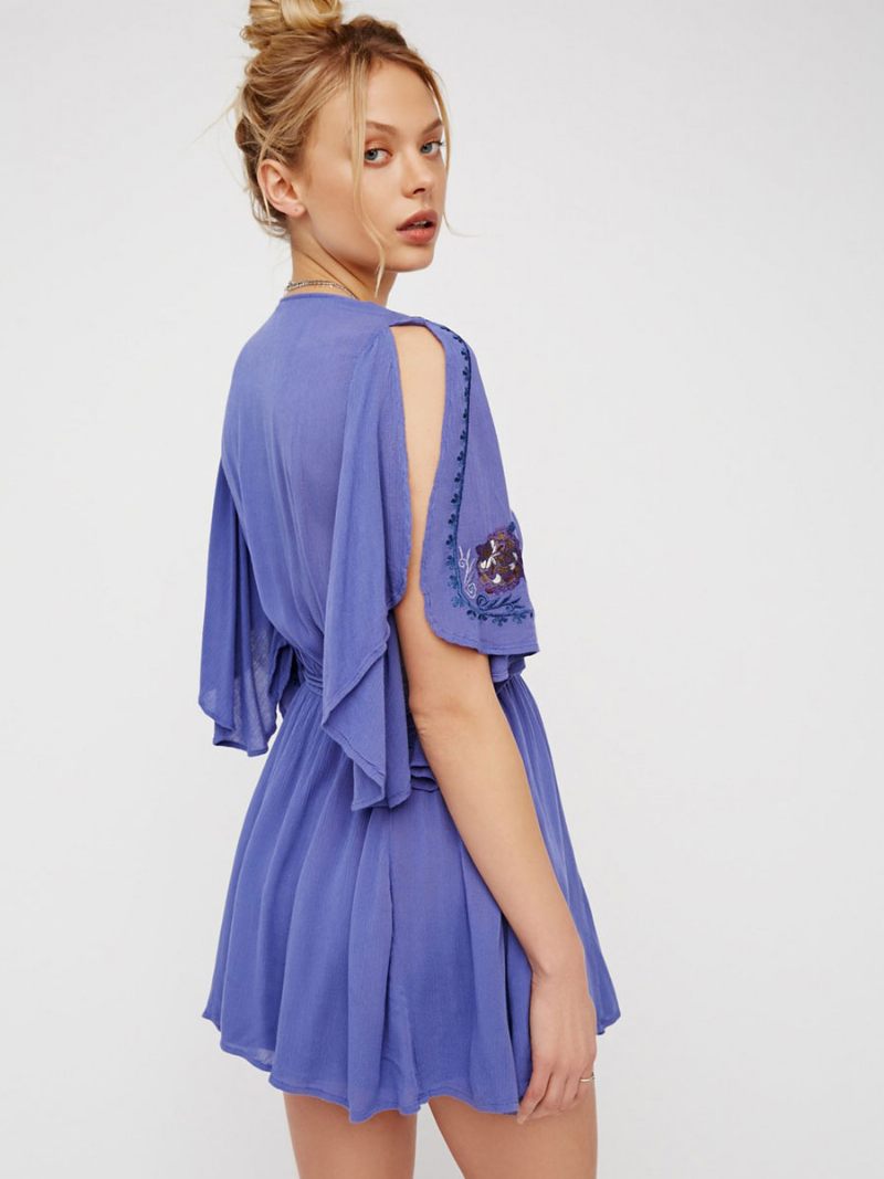 Robe Boho Coton Brodé Fleurs Pour Femmes Col V Profond Fente Mi-manche Style Bohème Gitane Mini Plage Vacances D'été - Bleu