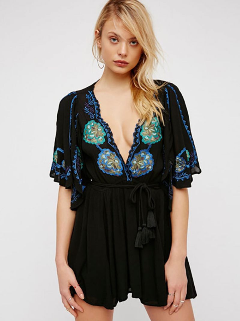 Robe Boho Coton Brodé Fleurs Pour Femmes Col V Profond Fente Mi-manche Style Bohème Gitane Mini Plage Vacances D'été - Noir