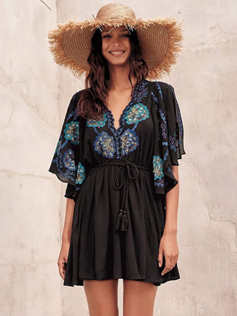 Robe Boho Coton Brodé Fleurs Pour Femmes Col V Profond Fente Mi-manche Style Bohème Gitane Mini Plage Vacances D'été - Noir