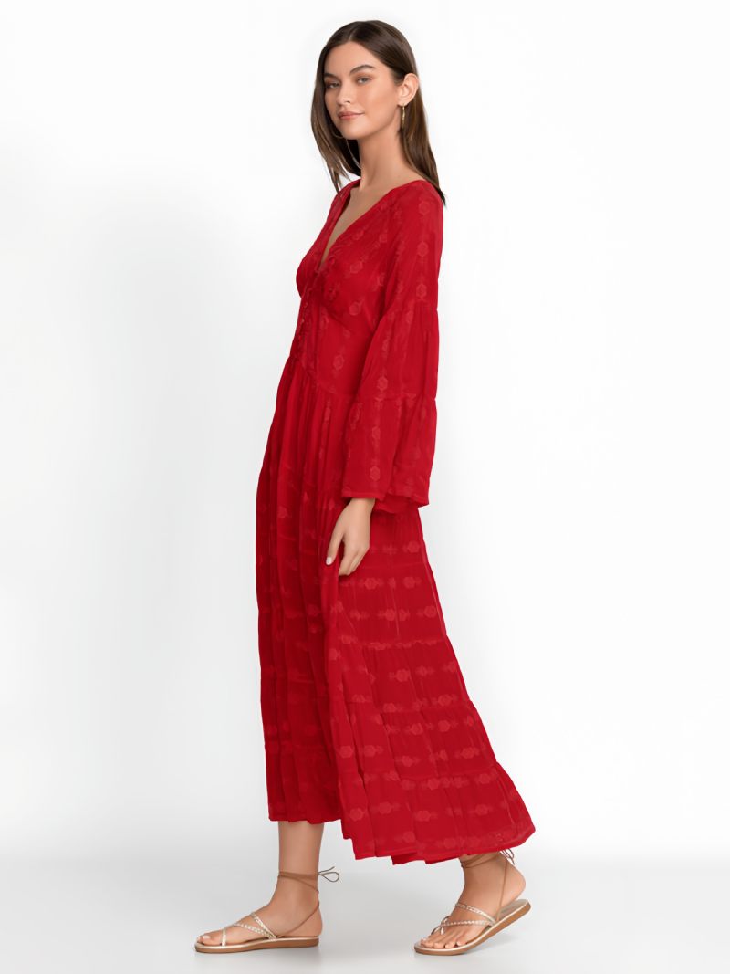 Robe Boho Pour Femmes Boutons Col V Manches 3/4 Plage - Rouge