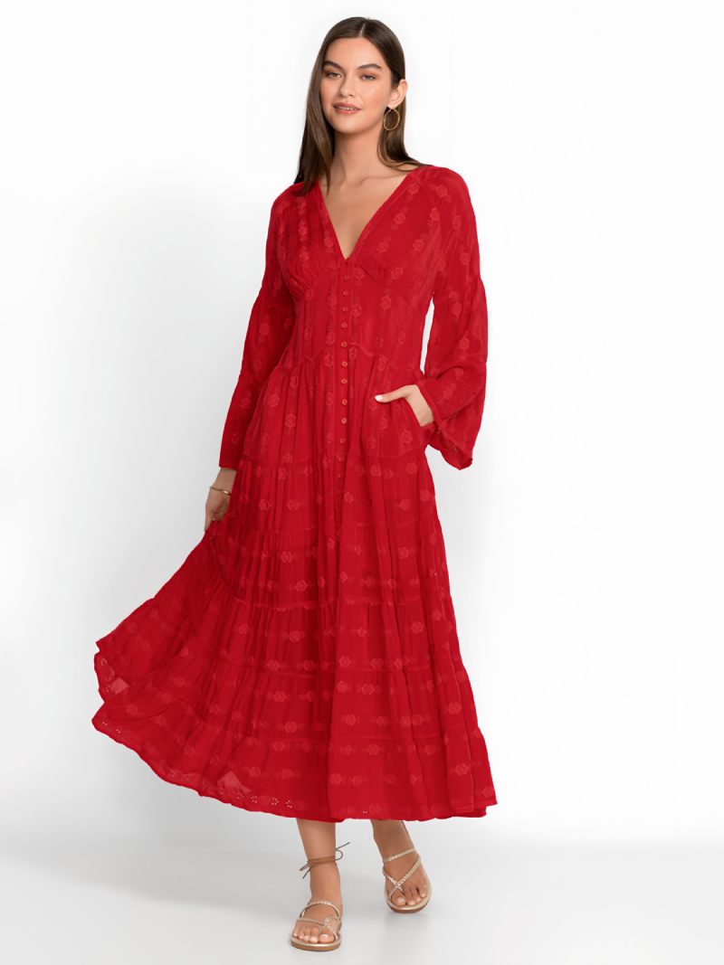 Robe Boho Pour Femmes Boutons Col V Manches 3/4 Plage - Rouge