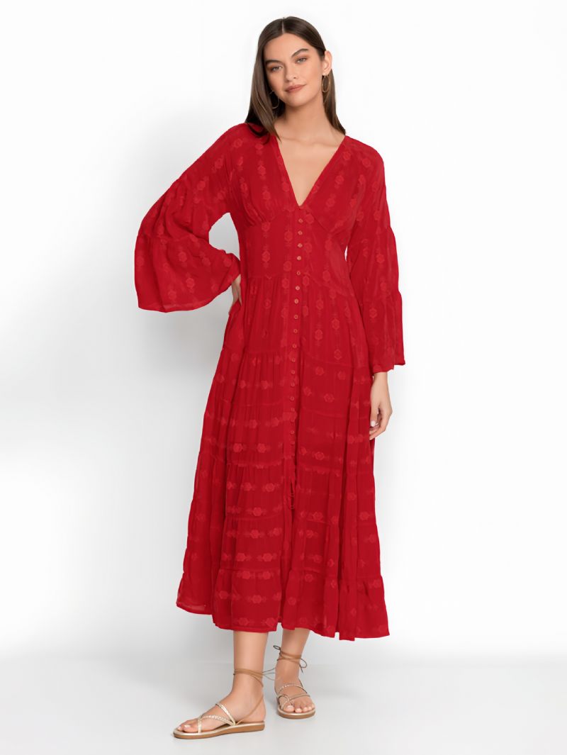 Robe Boho Pour Femmes Boutons Col V Manches 3/4 Plage - Rouge