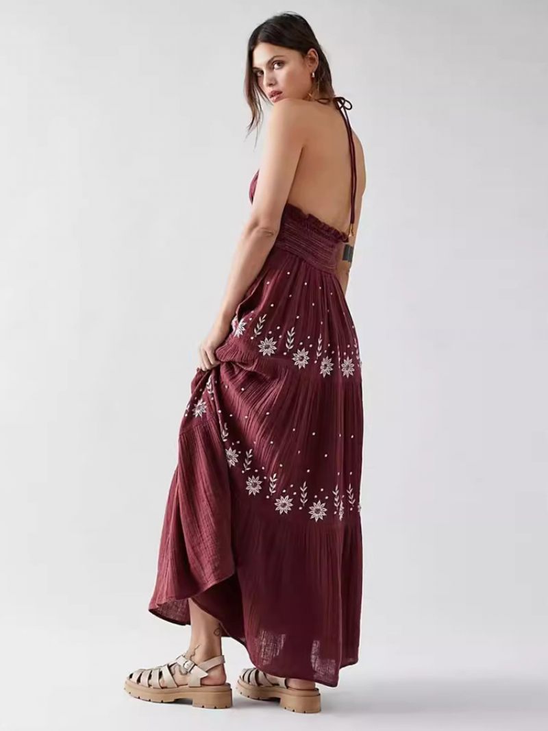 Robe Boho Pour Femmes Bretelles À Lacets Col Sans Manches Imprimé Floral Dos Nu D'été - Bourgogne