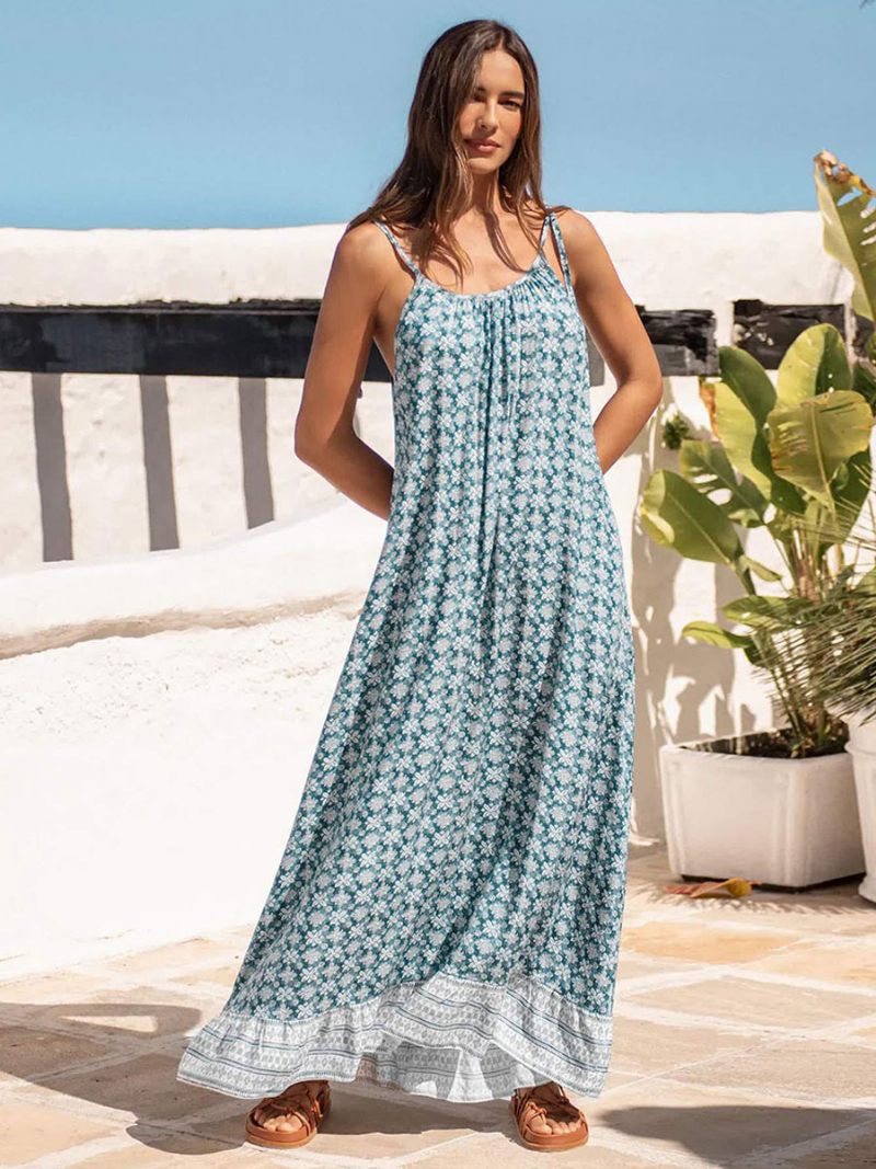 Robe Boho Pour Femmes Bretelles Spaghetti Col Sans Manches Imprimée Plage Surdimensionnée