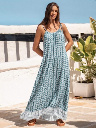 Robe Boho Pour Femmes Bretelles Spaghetti Col Sans Manches Imprimée Plage Surdimensionnée