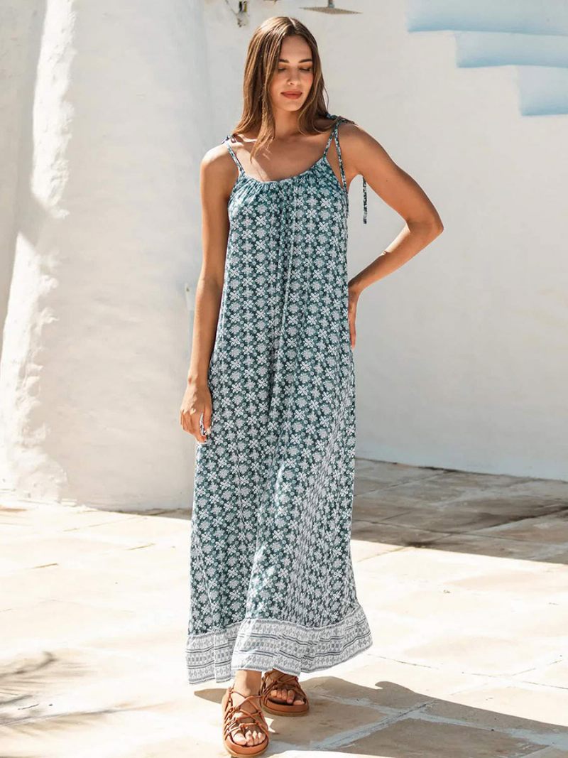 Robe Boho Pour Femmes Bretelles Spaghetti Col Sans Manches Imprimée Plage Surdimensionnée - Bleu Ciel Clair