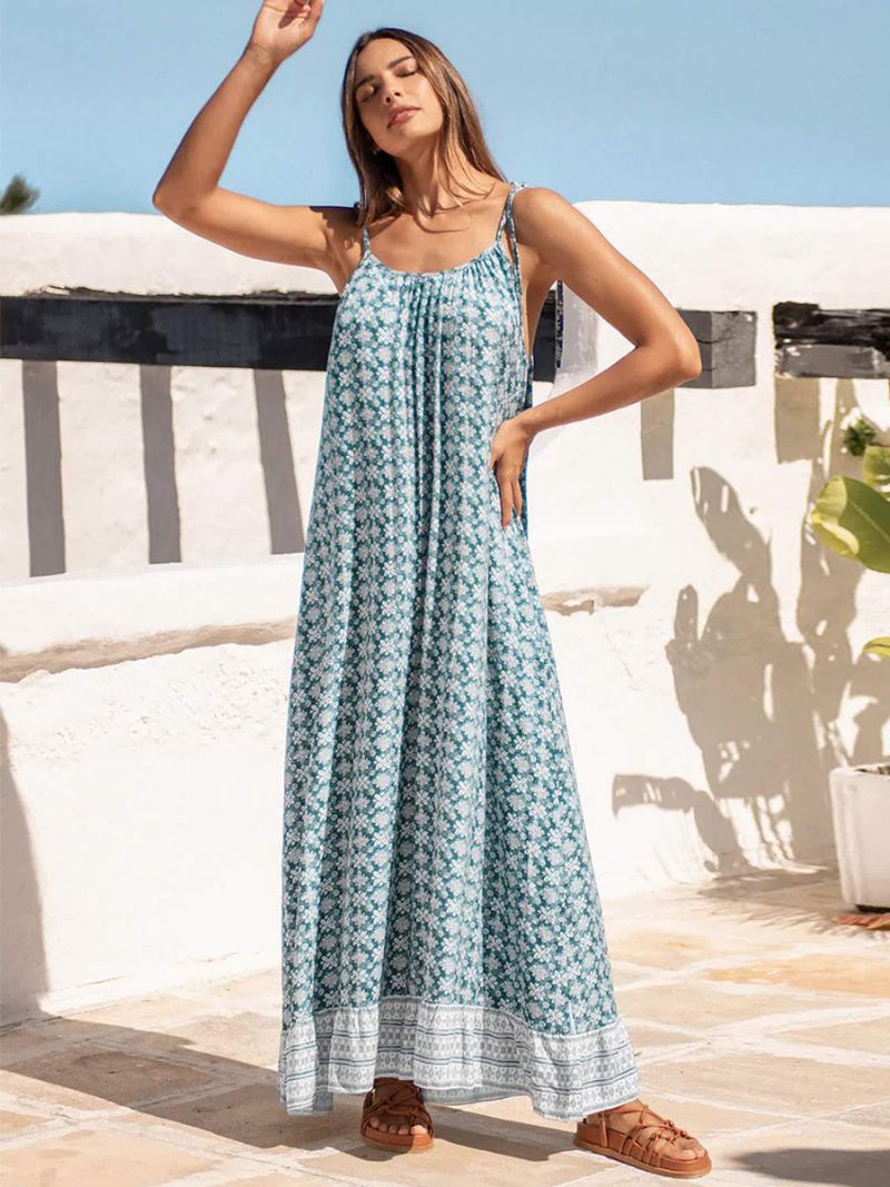 Robe Boho Pour Femmes Bretelles Spaghetti Col Sans Manches Imprimée Plage Surdimensionnée - Bleu Ciel Clair