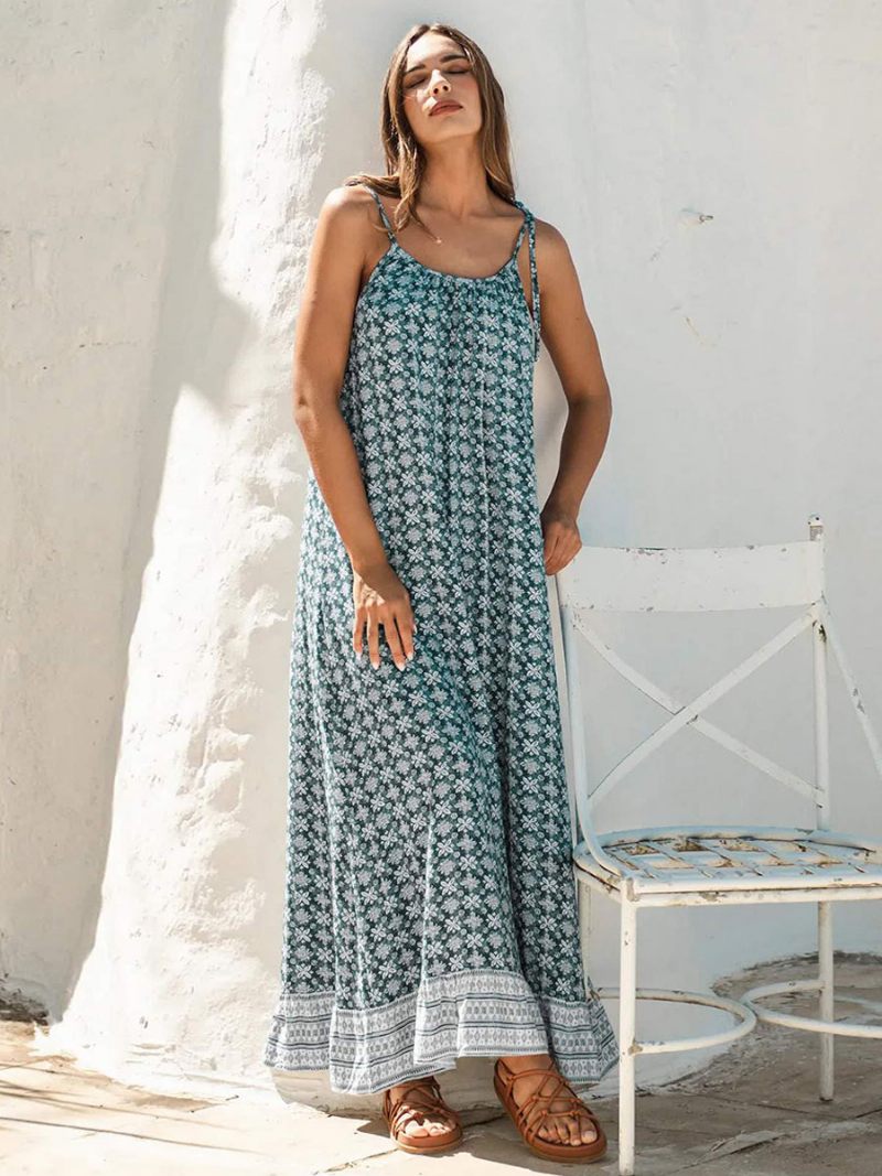 Robe Boho Pour Femmes Bretelles Spaghetti Col Sans Manches Imprimée Plage Surdimensionnée - Bleu Ciel Clair