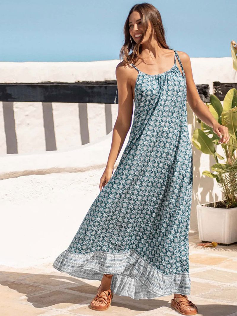 Robe Boho Pour Femmes Bretelles Spaghetti Col Sans Manches Imprimée Plage Surdimensionnée - Bleu Ciel Clair