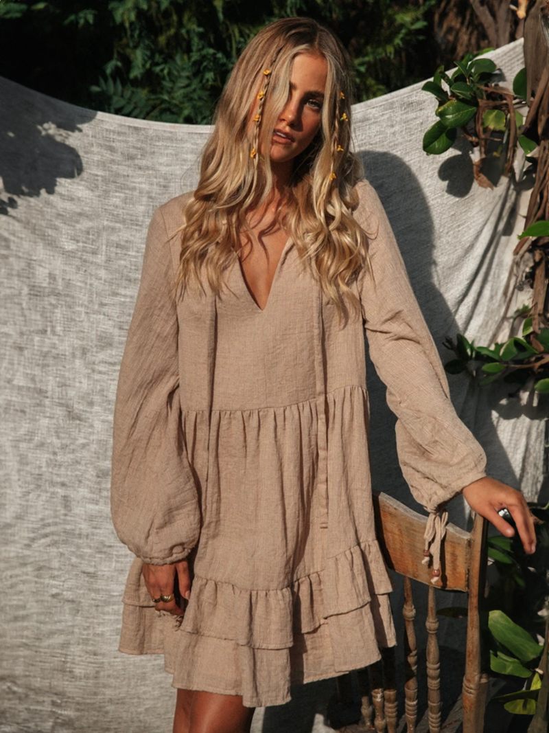 Robe Boho Pour Femmes Ceinture Col V Manches Longues Plage Surdimensionnée - Café Brun