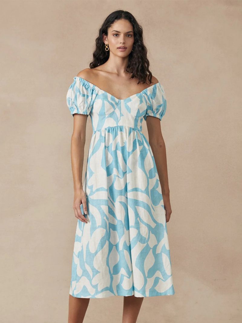 Robe Boho Pour Femmes Col Bateau Manches Courtes Imprimé Floral D'été Plissée - Bleu Ciel Clair