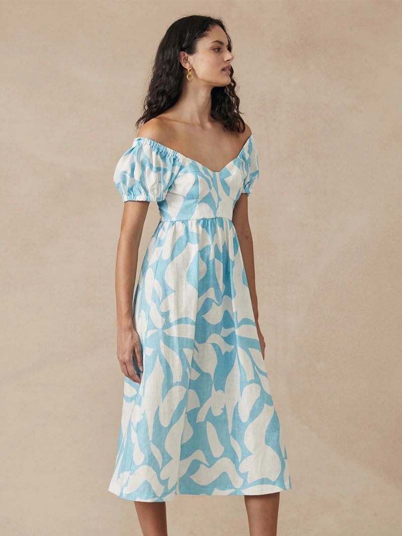 Robe Boho Pour Femmes Col Bateau Manches Courtes Imprimé Floral D'été Plissée - Bleu Ciel Clair