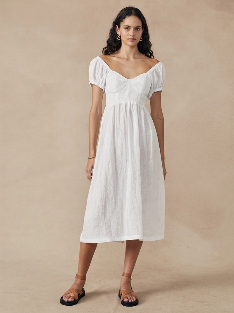 Robe Boho Pour Femmes Col Bateau Manches Courtes Imprimé Floral D'été Plissée - Blanc