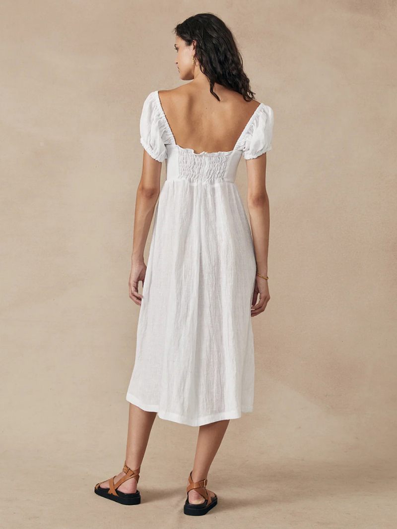 Robe Boho Pour Femmes Col Bateau Manches Courtes Imprimé Floral D'été Plissée - Blanc