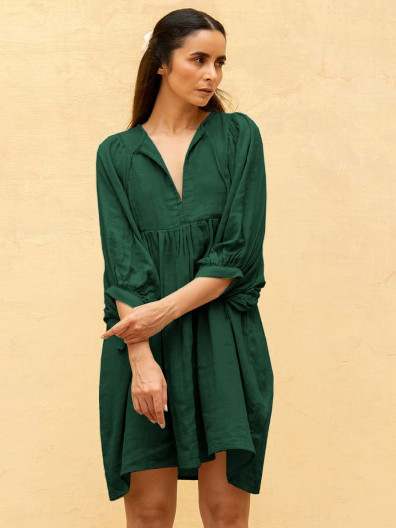 Robe Boho Pour Femmes Col Orné À Lacets Demi-manches D'été Surdimensionnée - Vert Foncé