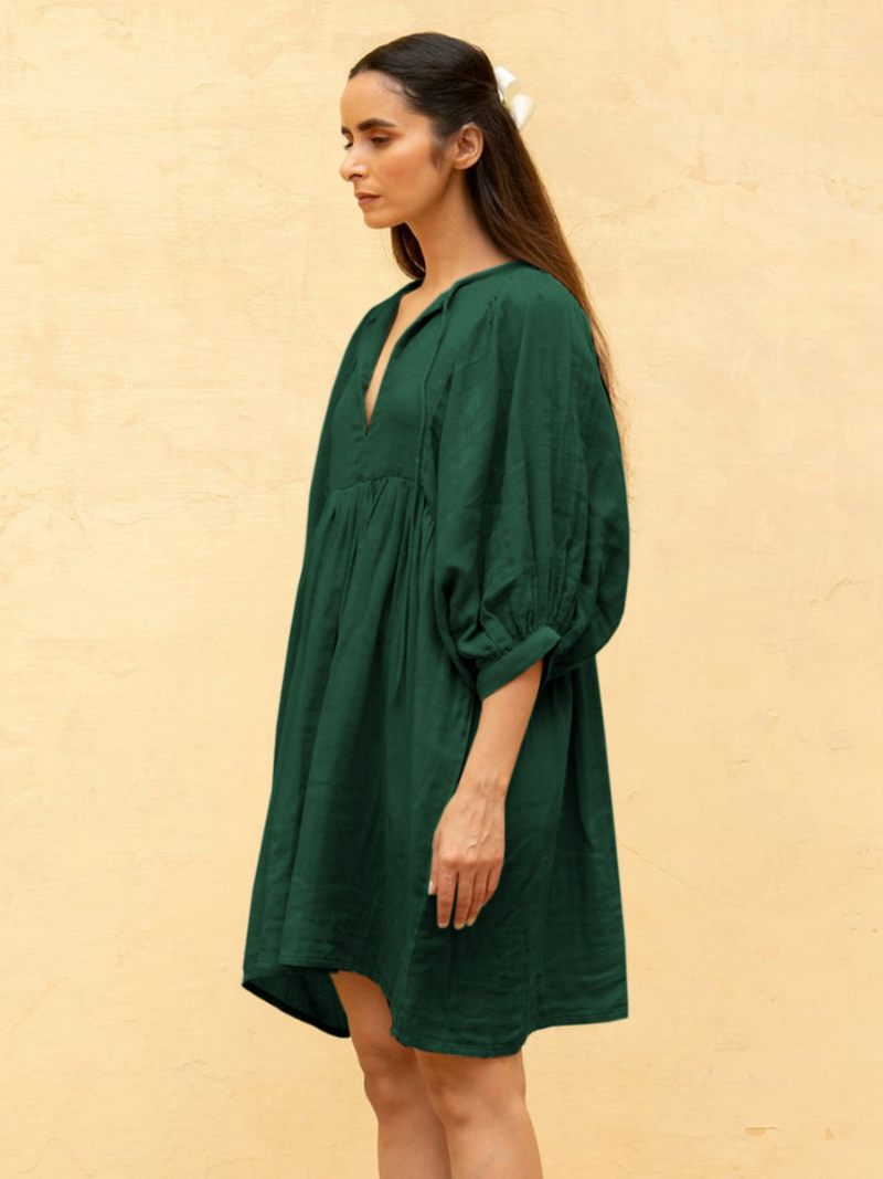 Robe Boho Pour Femmes Col Orné À Lacets Demi-manches D'été Surdimensionnée - Vert Foncé