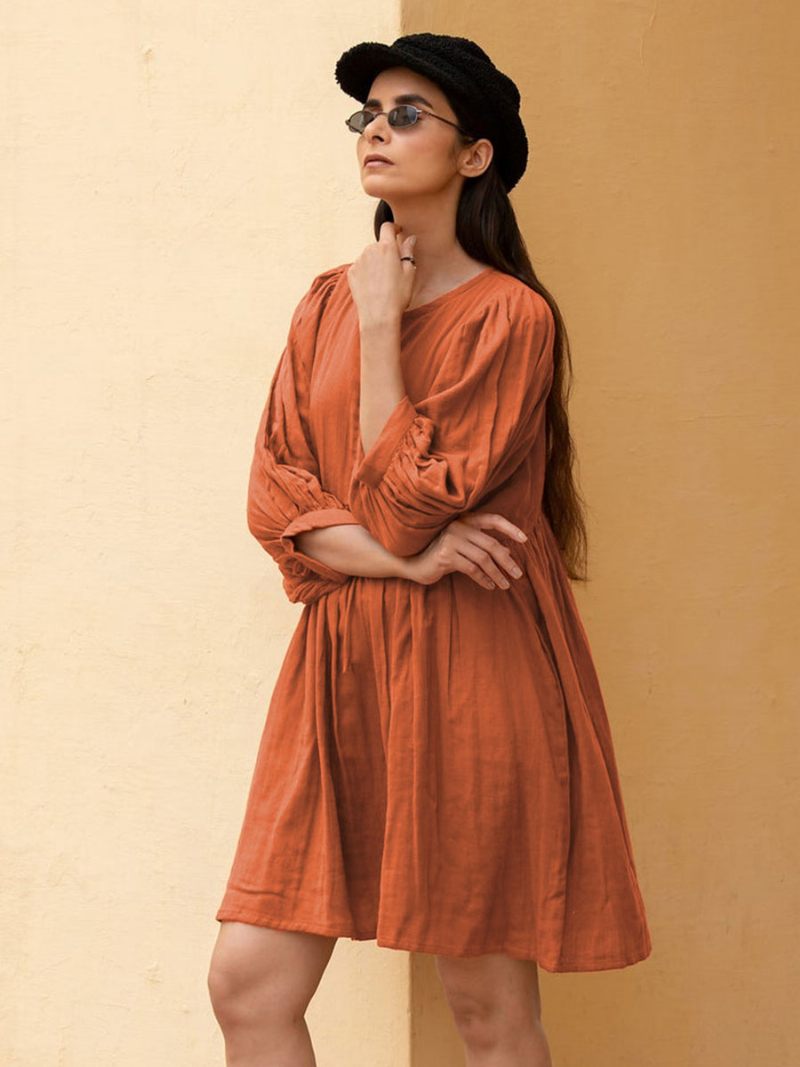 Robe Boho Pour Femmes Col Orné À Lacets Demi-manches D'été Surdimensionnée - Orange