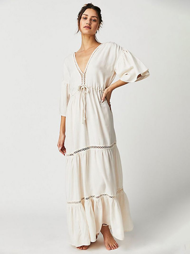 Robe Boho Pour Femmes Col V Coupe Basse Dos Volants Robes Longues Creuses À Plusieurs Niveaux - Beige