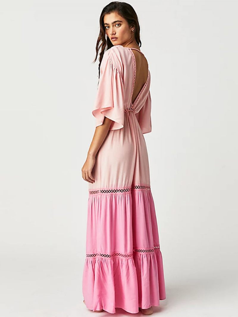 Robe Boho Pour Femmes Col V Coupe Basse Dos Volants Robes Longues Creuses À Plusieurs Niveaux - Rose