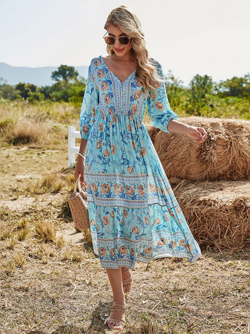 Robe Boho Pour Femmes Col V Demi-manches Imprimé Floral Extensible Plissée Maxi Plage