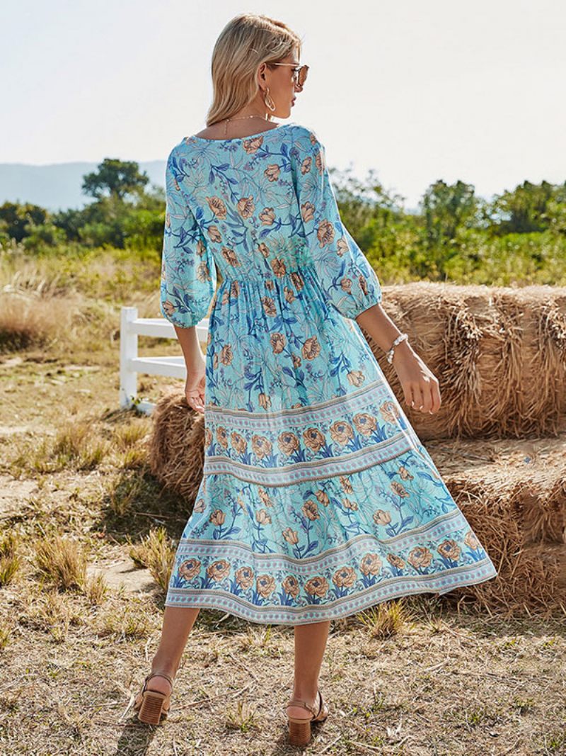 Robe Boho Pour Femmes Col V Demi-manches Imprimé Floral Extensible Plissée Maxi Plage - Bleu Ciel Clair