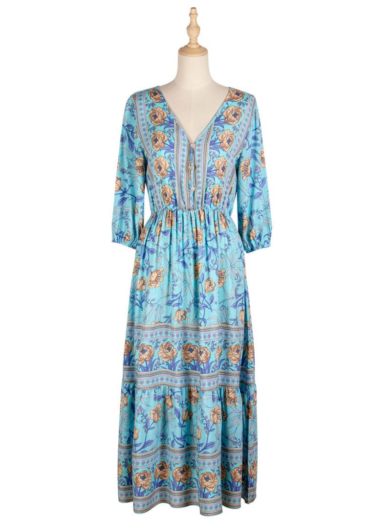 Robe Boho Pour Femmes Col V Demi-manches Imprimé Floral Extensible Plissée Maxi Plage - Bleu Ciel Clair