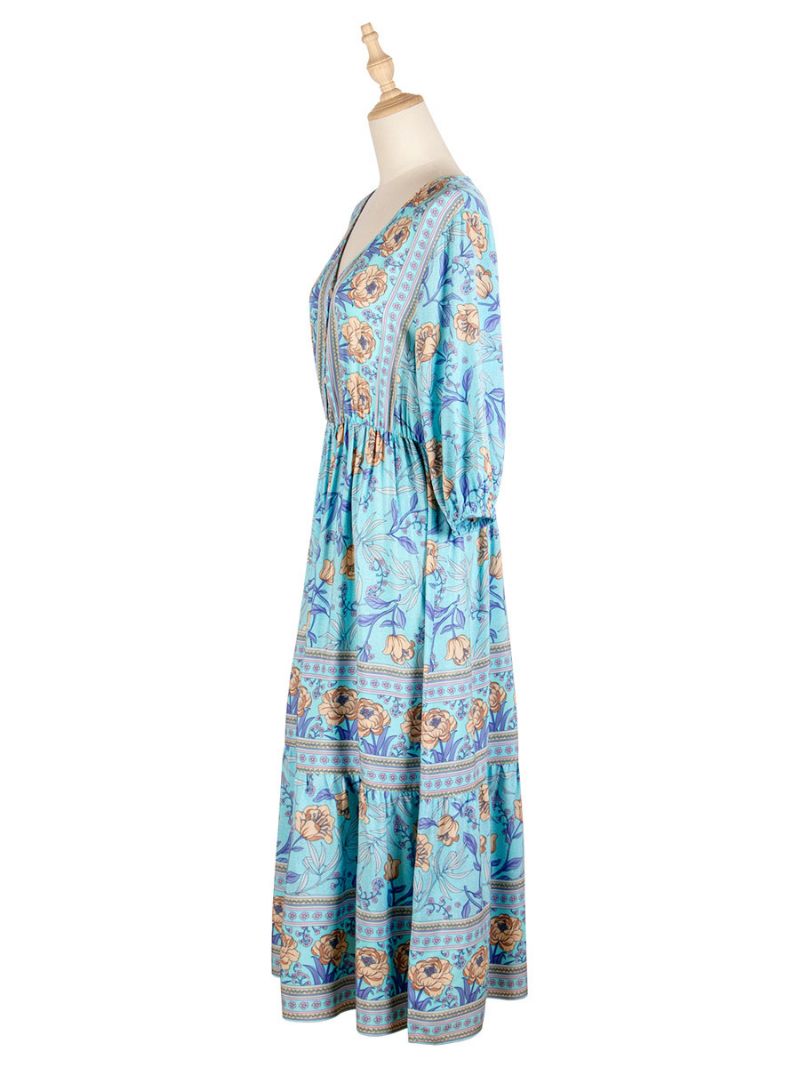 Robe Boho Pour Femmes Col V Demi-manches Imprimé Floral Extensible Plissée Maxi Plage - Bleu Ciel Clair