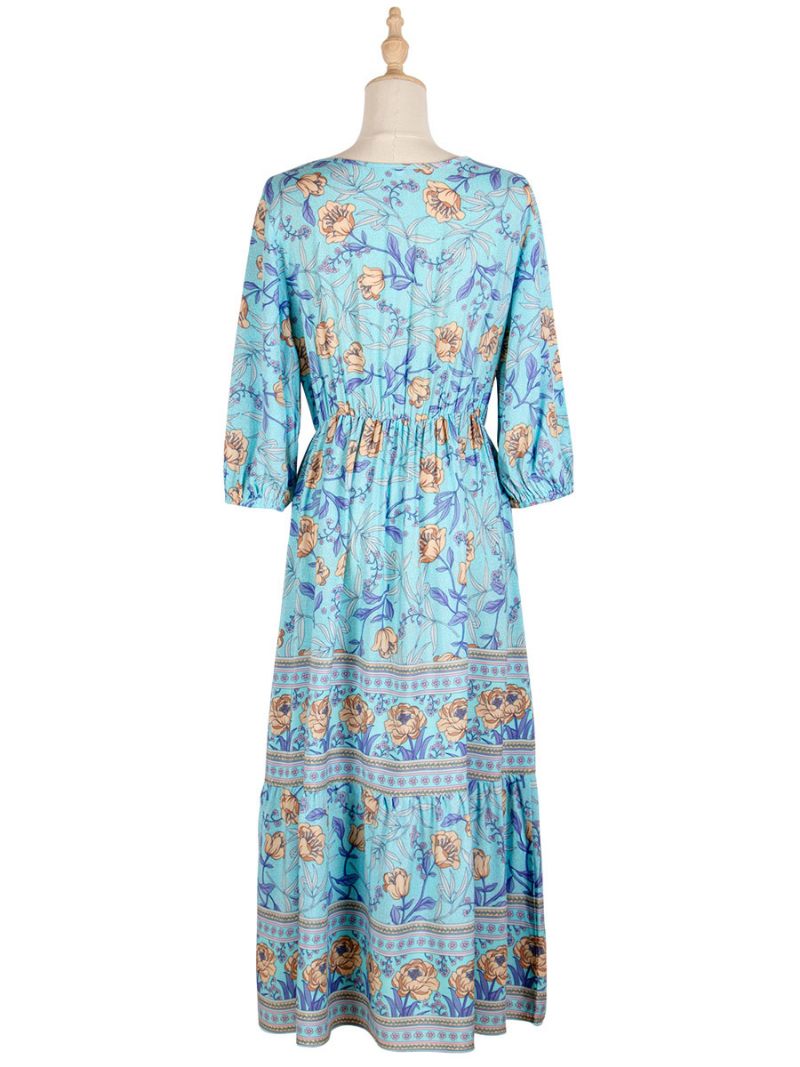 Robe Boho Pour Femmes Col V Demi-manches Imprimé Floral Extensible Plissée Maxi Plage - Bleu Ciel Clair