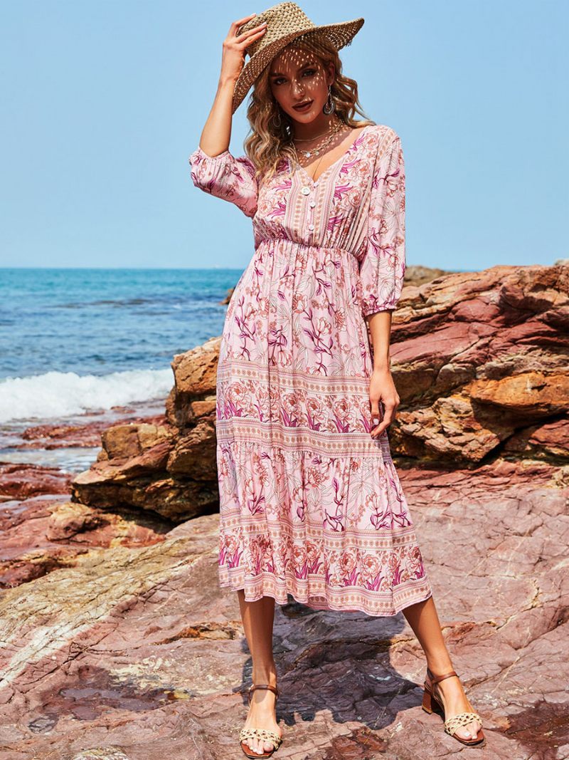 Robe Boho Pour Femmes Col V Demi-manches Imprimé Floral Extensible Plissée Maxi Plage - Rose