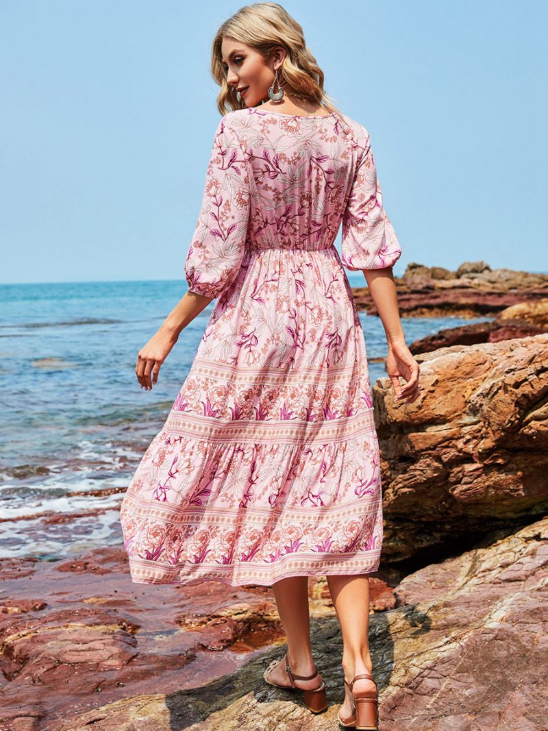 Robe Boho Pour Femmes Col V Demi-manches Imprimé Floral Extensible Plissée Maxi Plage - Rose