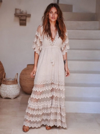 Robe Boho Pour Femmes Col V Demi-manches Plage Dentelle Superposée