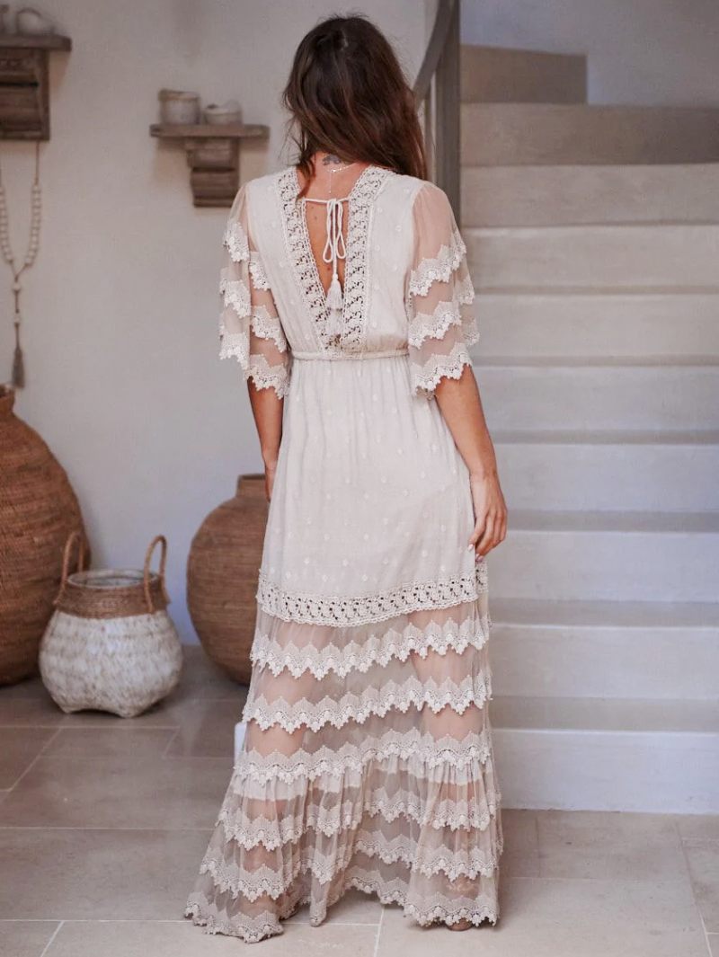 Robe Boho Pour Femmes Col V Demi-manches Plage Dentelle Superposée - Blanc