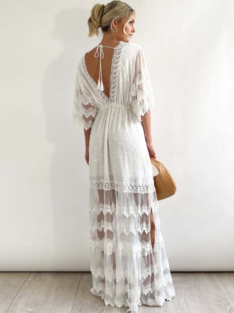 Robe Boho Pour Femmes Col V Demi-manches Plage Dentelle Superposée - Blanc