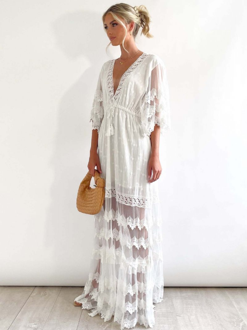 Robe Boho Pour Femmes Col V Demi-manches Plage Dentelle Superposée - Blanc