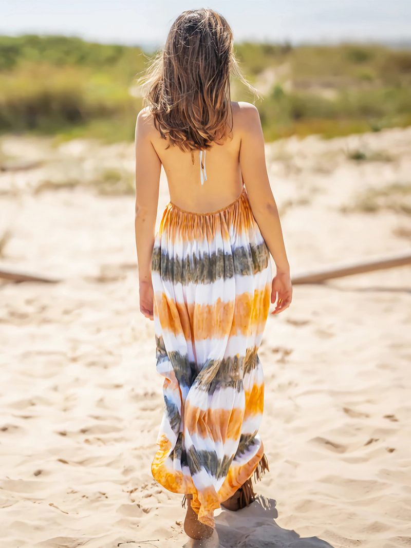 Robe Boho Pour Femmes Col V Dos Nu Décontractée Été Maxi - Orange