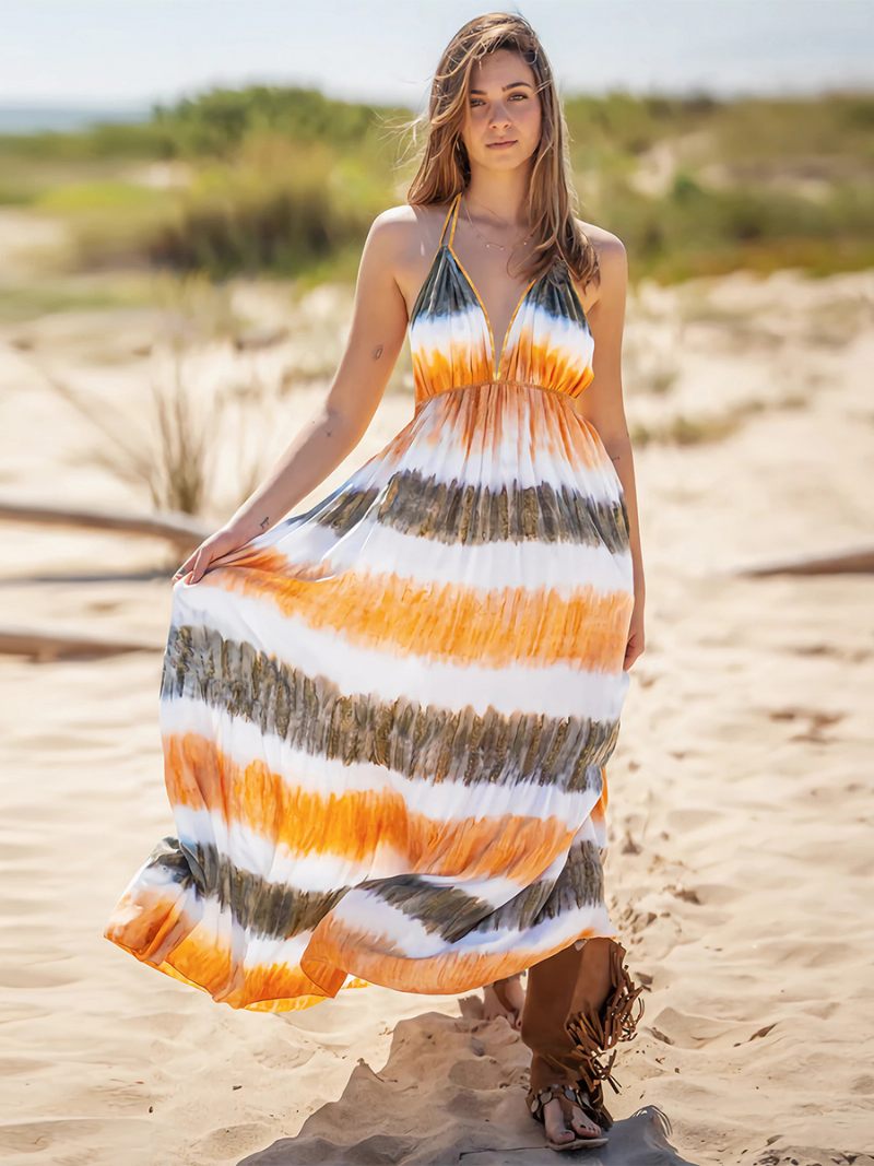 Robe Boho Pour Femmes Col V Dos Nu Décontractée Été Maxi - Orange