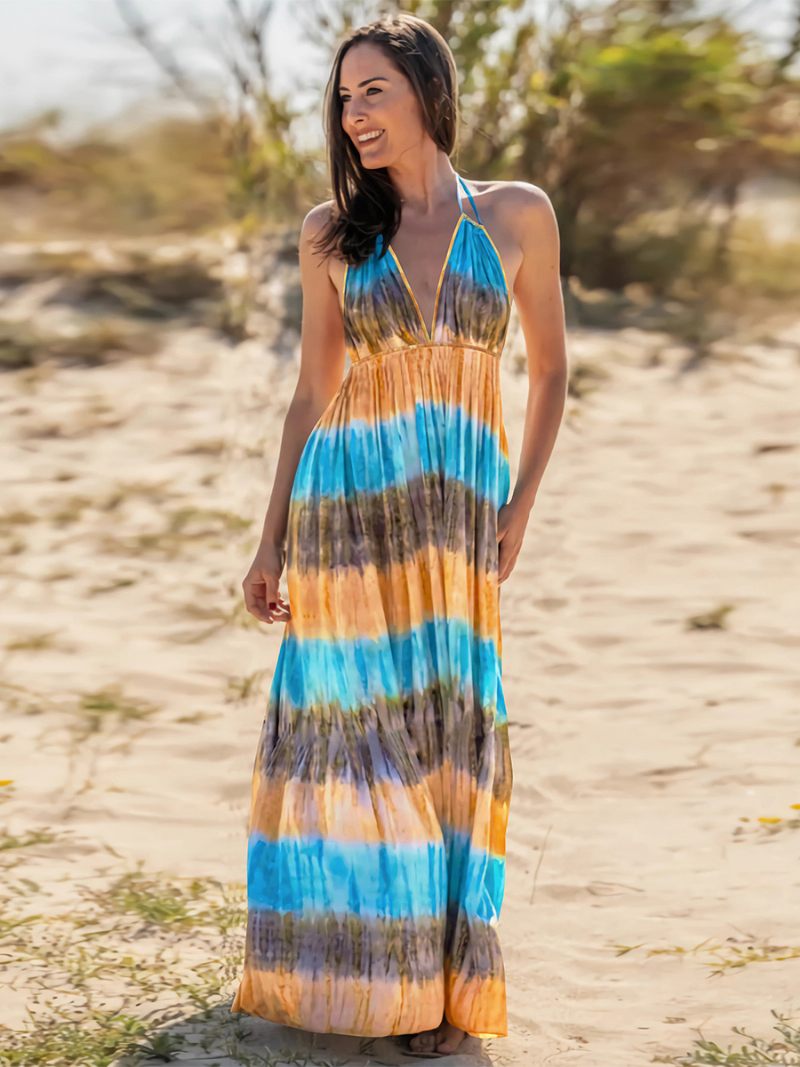 Robe Boho Pour Femmes Col V Dos Nu Décontractée Été Maxi - Bleu