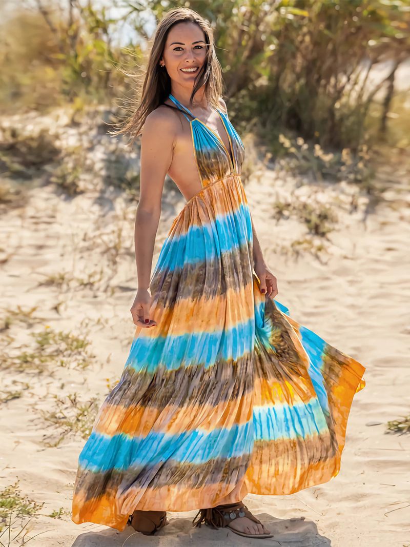 Robe Boho Pour Femmes Col V Dos Nu Décontractée Été Maxi - Bleu