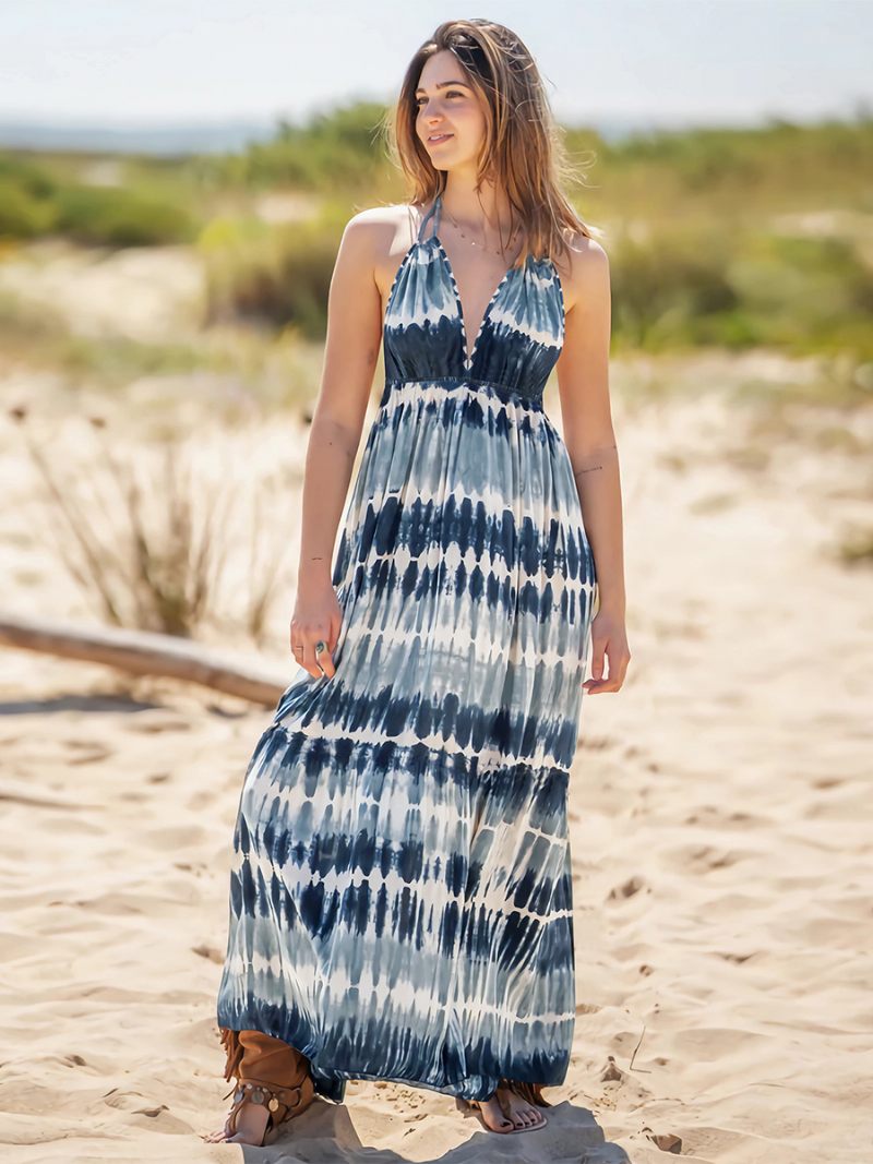 Robe Boho Pour Femmes Col V Dos Nu Décontractée Été Maxi - Bleu Ciel Clair