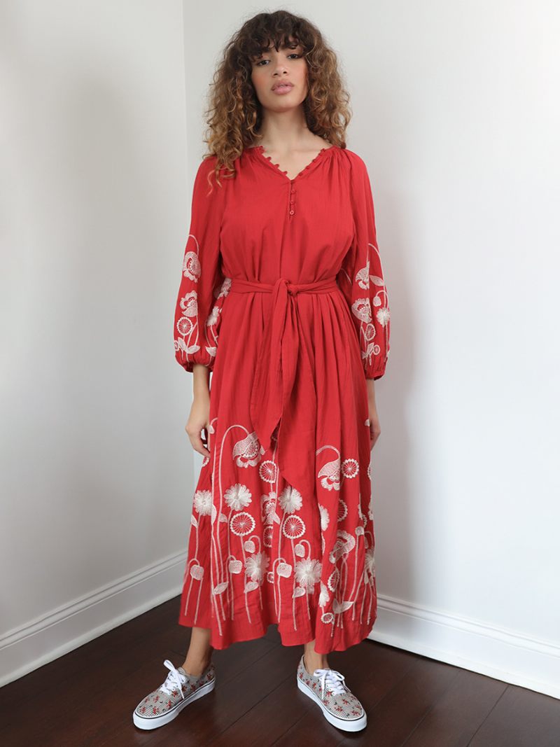 Robe Boho Pour Femmes Col V Manches 3/4. Ceinture D'été - Rouge